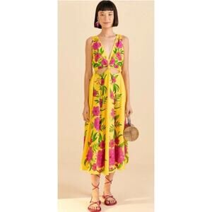 Farm Rio Dress Romantic Garden Yellow Cutout $245 Floral Cottagecore Medium M1